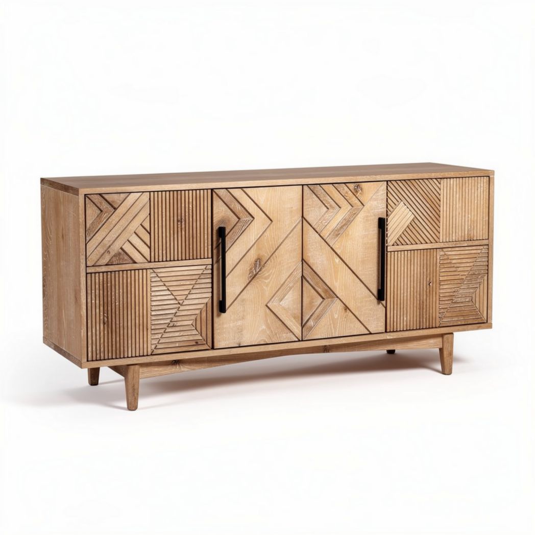 Wooden sideboard with geometric patterns and storage compartments 120 x 40 x 70cm