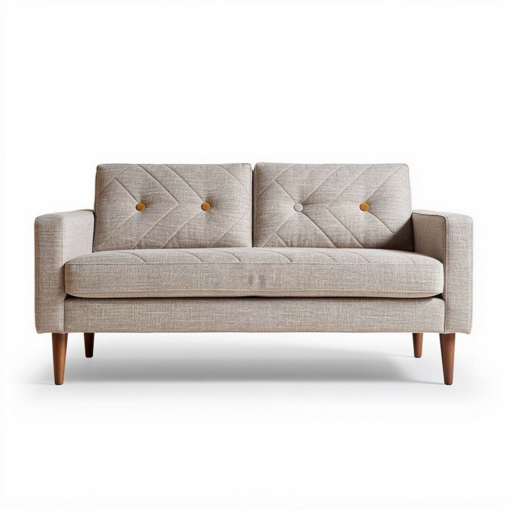 Two-seater sofa with tufted fabric upholstery and wooden legs in beige