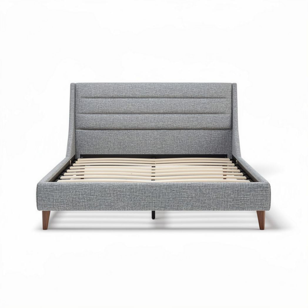Fabric upholstered bed frame with wooden slats in gray finish 200 x 160 x 100cm