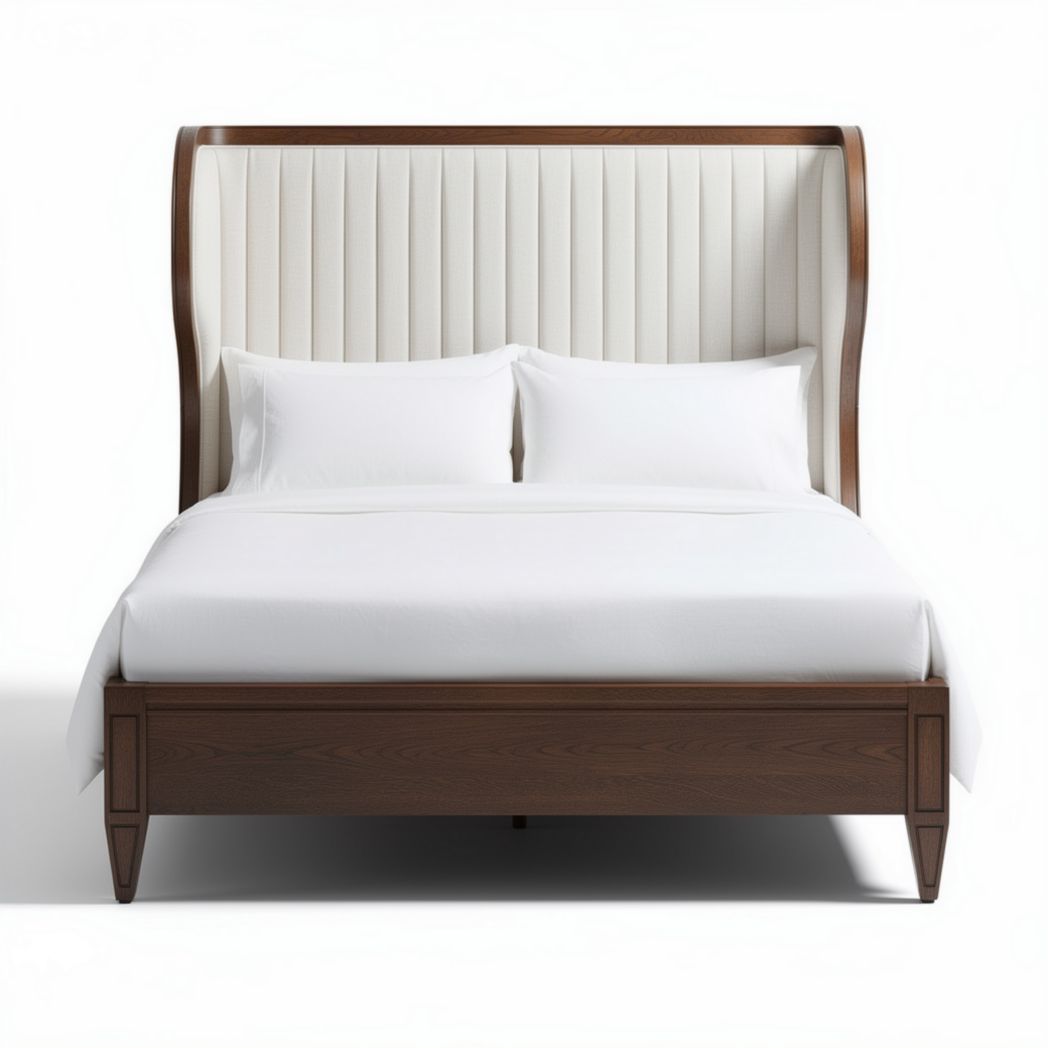 Modern upholstered bed frame with wood finish cream fabric 200 x 160 x 120cm