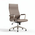 Brown leather office chair with adjustable height and chrome base
