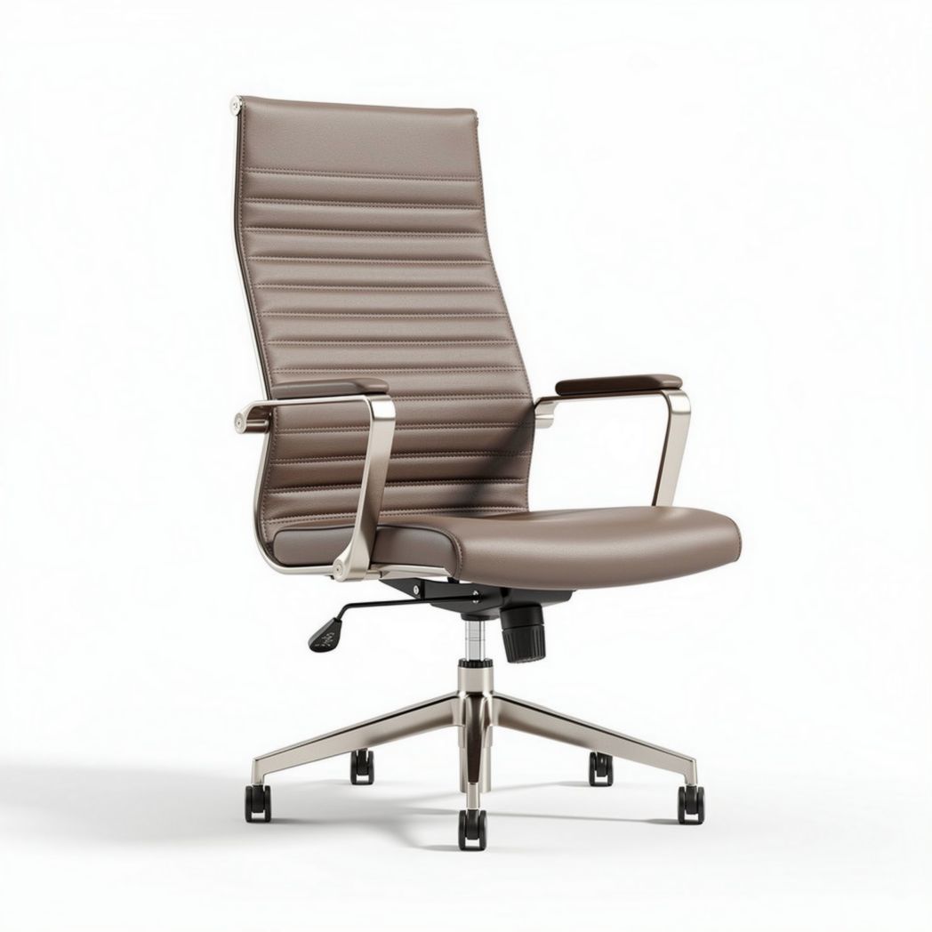 Brown leather office chair with adjustable height and chrome base