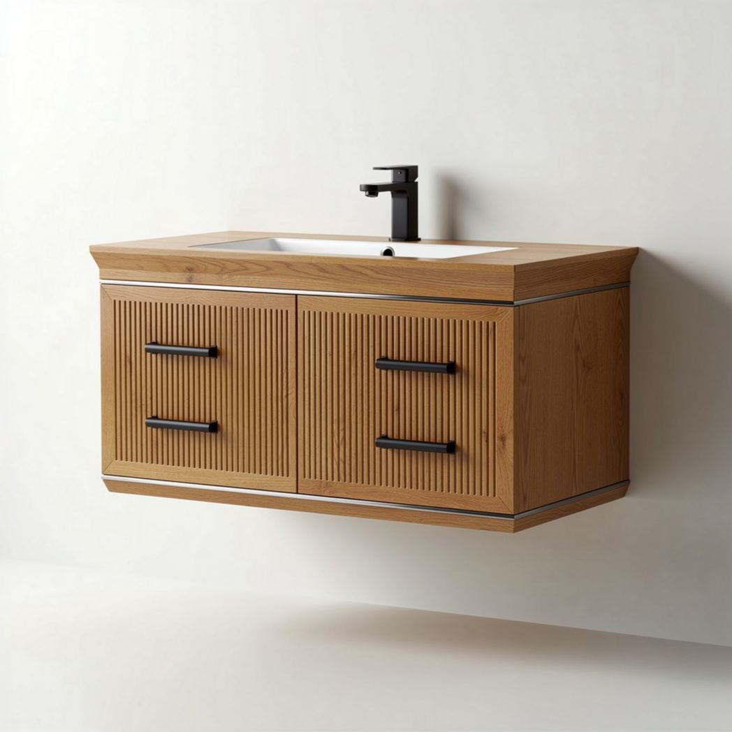 Wall-mounted wooden bathroom vanity with recessed panel doors 60 x 45 x 20cm