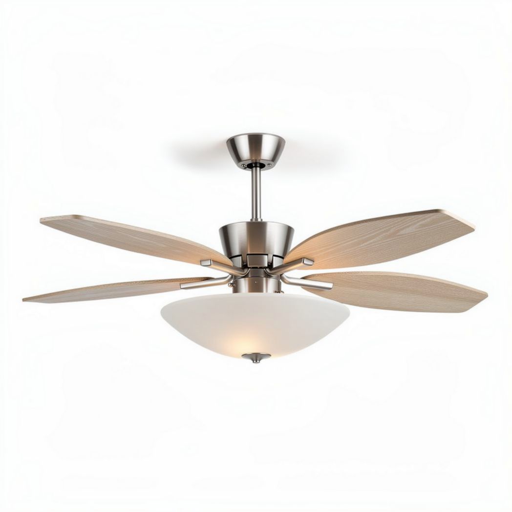 Five-blade ceiling fan with light fixtures in brushed nickel and wood finish 52 inches