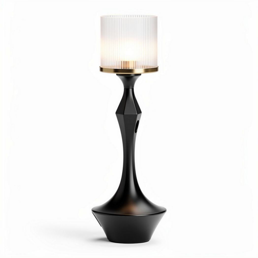 Black table lamp with ribbed glass shade and elegant design 30 x 12 x 12cm
