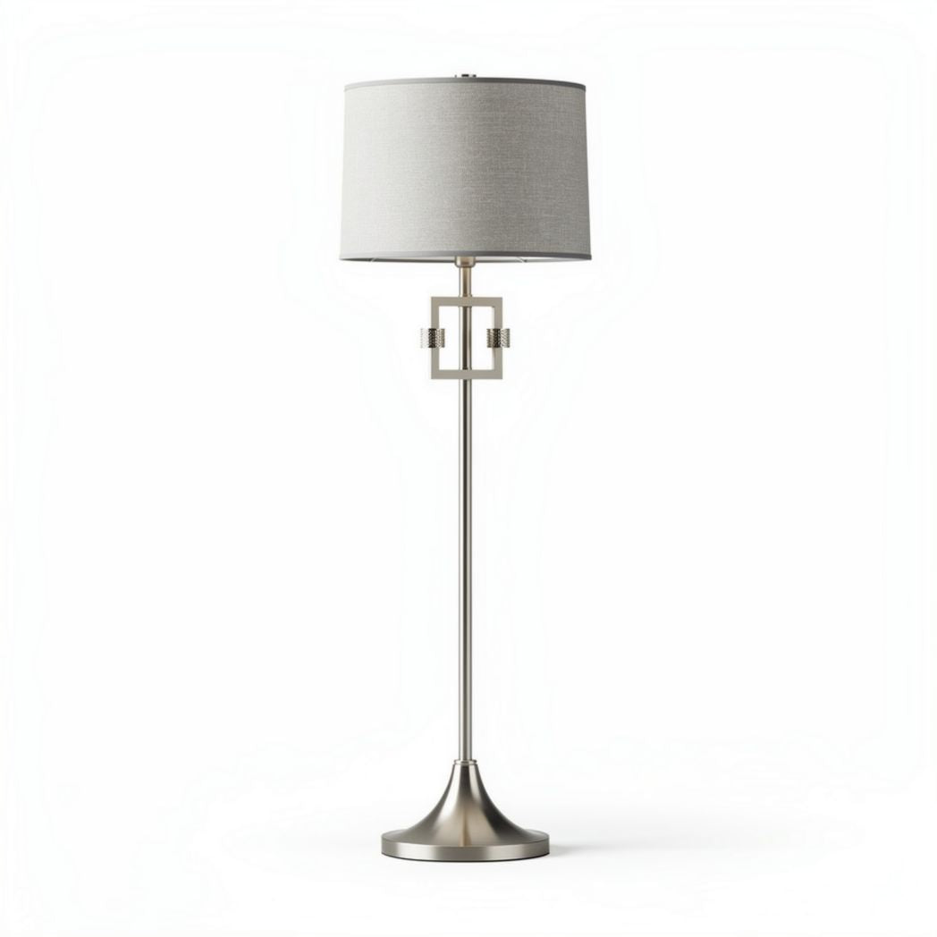 Satin nickel table lamp with gray fabric shade and geometric base 25 x 25 x 70cm