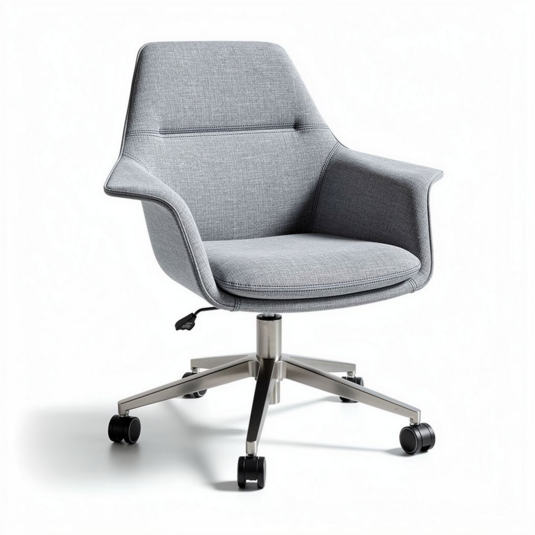 Gray upholstered office chair with adjustable height and rolling base
