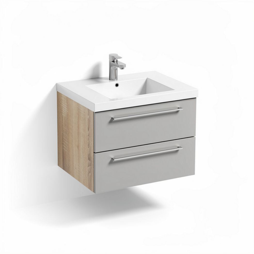 Wall-mounted bathroom vanity with two storage drawers in grey and wood finish 60 x 45 x 30cm